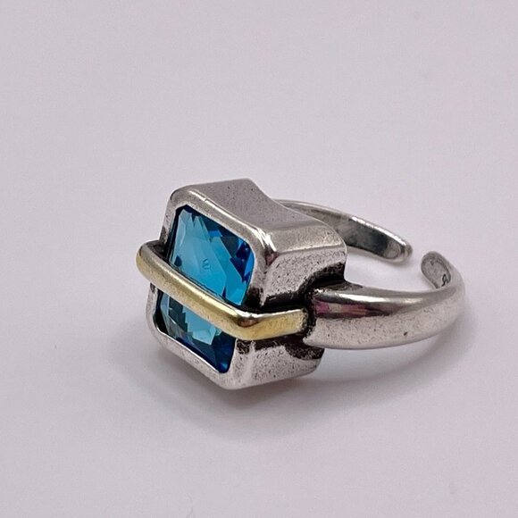 Adjustable 925 Silver Large Faux Blue Zircon w/ Gold Tone Metal Strap Ring #1303 - Picture 4 of 12